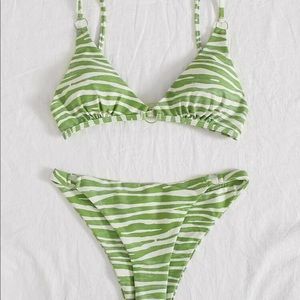 White and green striped zebra print bikini